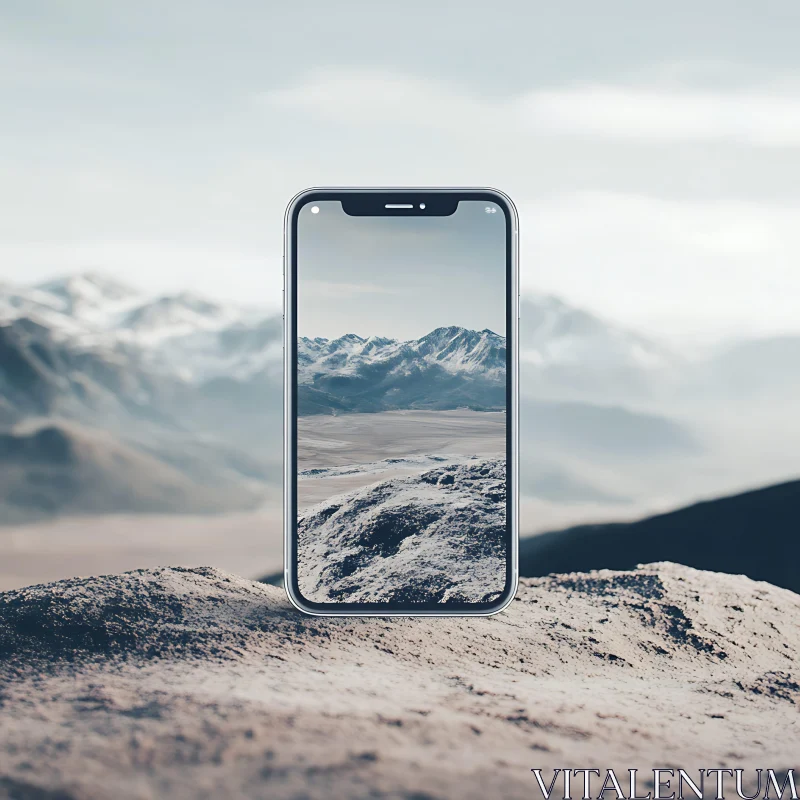 Snowy Peaks on Mobile Display AI Image