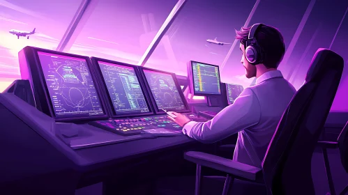 Neon Lit Aviation Control Room