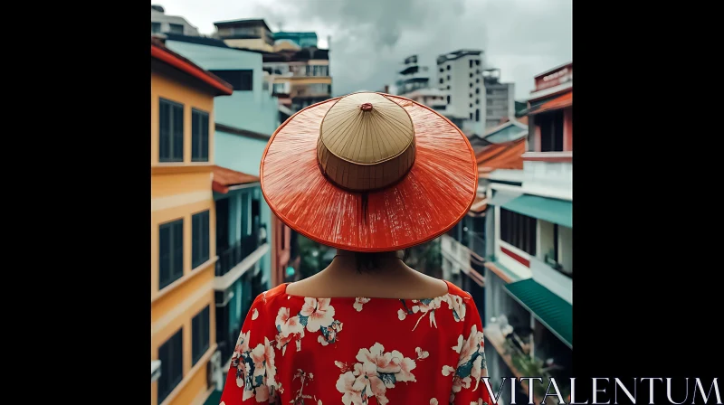 City View with Woman in Red Dress AI Image