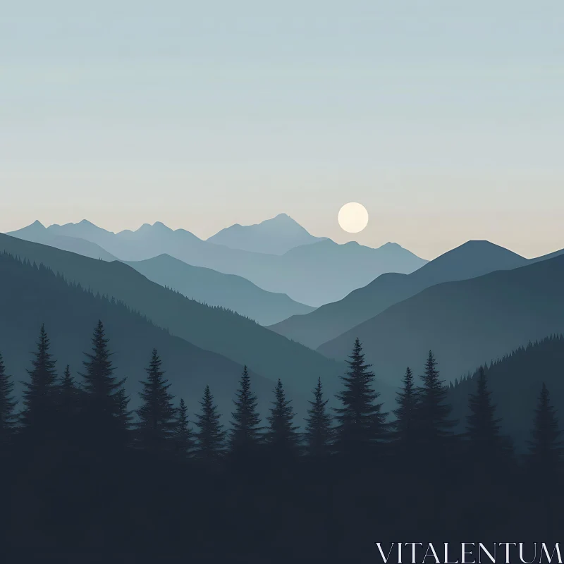 Layered Mountains and Forest Silhouette AI Image