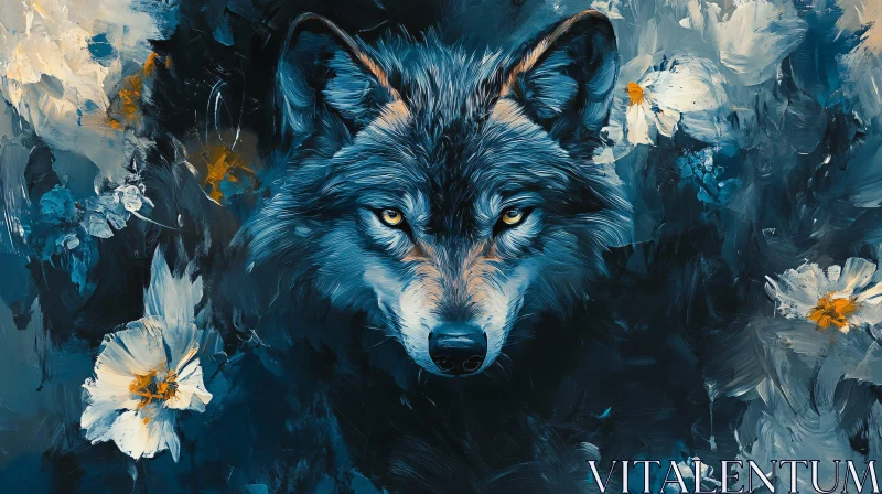 Blue Wolf Among Flowers Painting AI Image