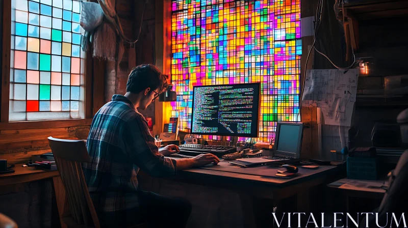 Programmer's Desk with Stained Glass Window AI Image