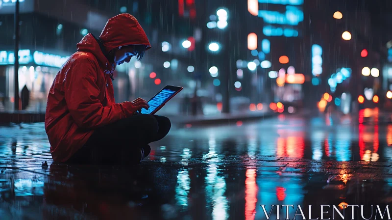 Red Hoodie in the Rain AI Image