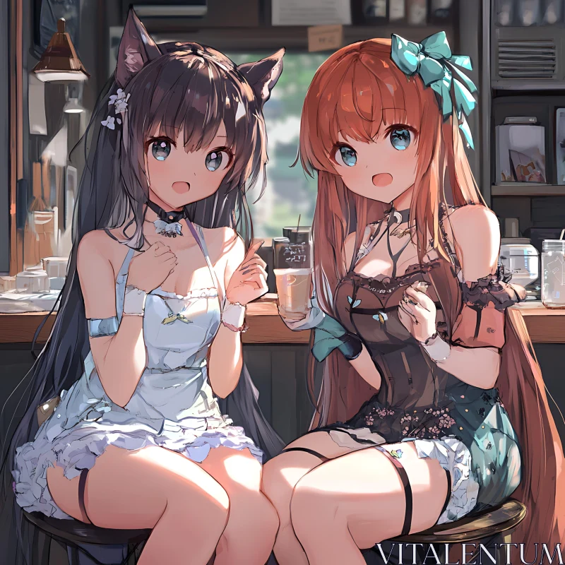 Anime Girls with Cat Ears in a Sophisticated Cafe AI Image