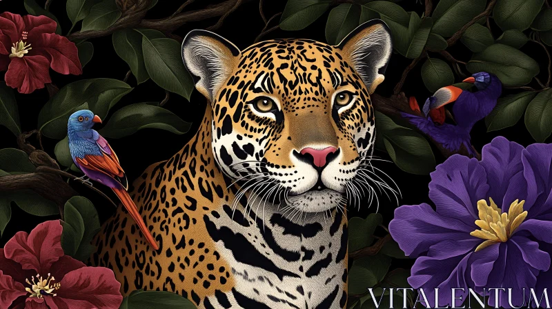 Jungle Cat with Colorful Birds and Flowers AI Image