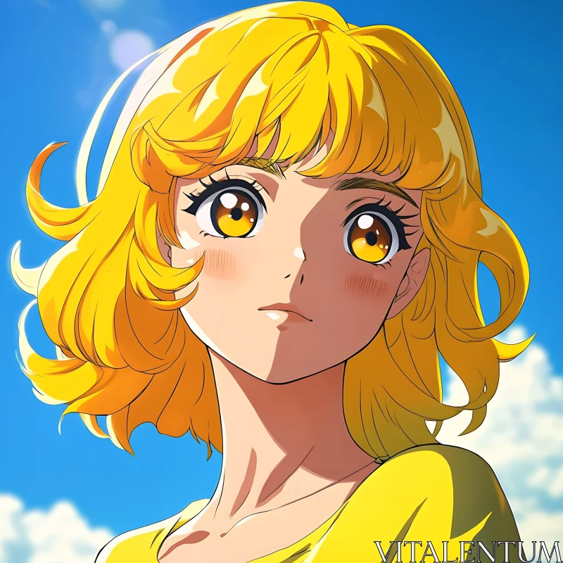 Anime Girl with Yellow Hair and Blue Sky Background AI Image