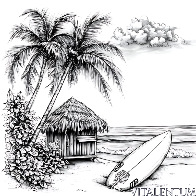 Tropical Beach Sketch with Palm Trees AI Image