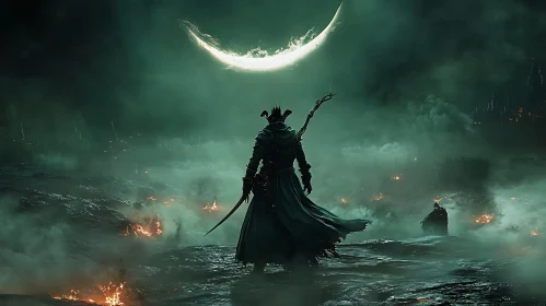 Silhouette of Warrior Under Crescent Moon
