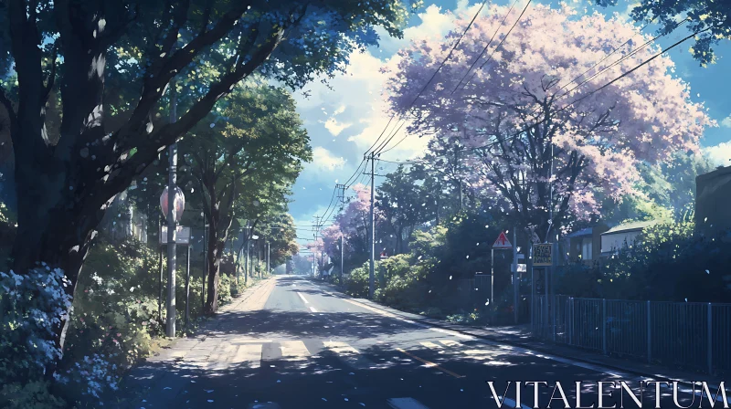 Peaceful Street Under Morning Light and Blossoming Trees AI Image