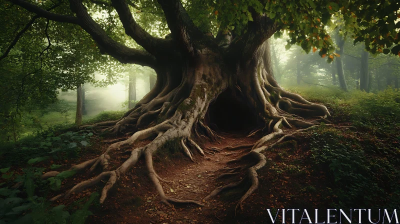 Mystical Forest with Ancient Tree and Roots AI Image