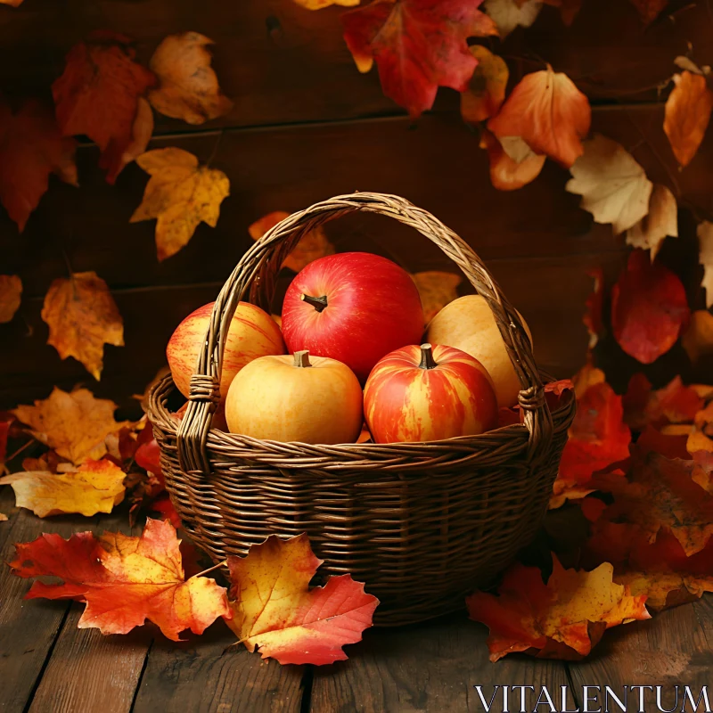 Basket of Apples and Autumn Leaves AI Image