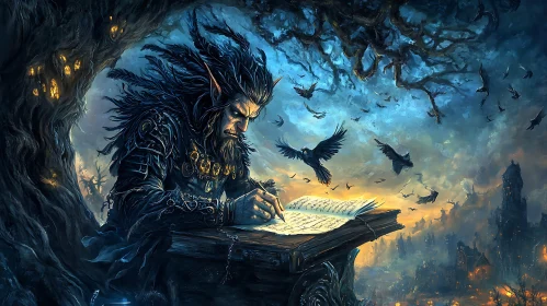 Enigmatic Elf Scribe Under Raven Skies