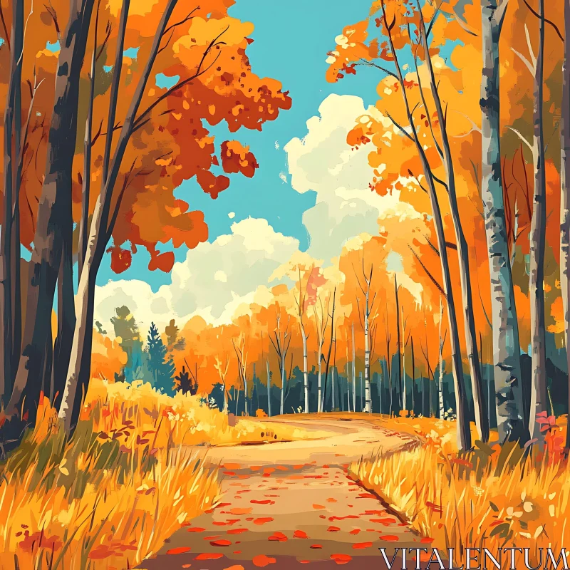 AI ART Autumn Pathway in a Vibrant Forest