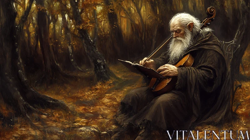 Elderly Violinist in Autumnal Woods AI Image