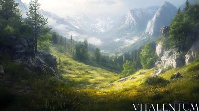 AI ART Green Valley and Misty Mountains