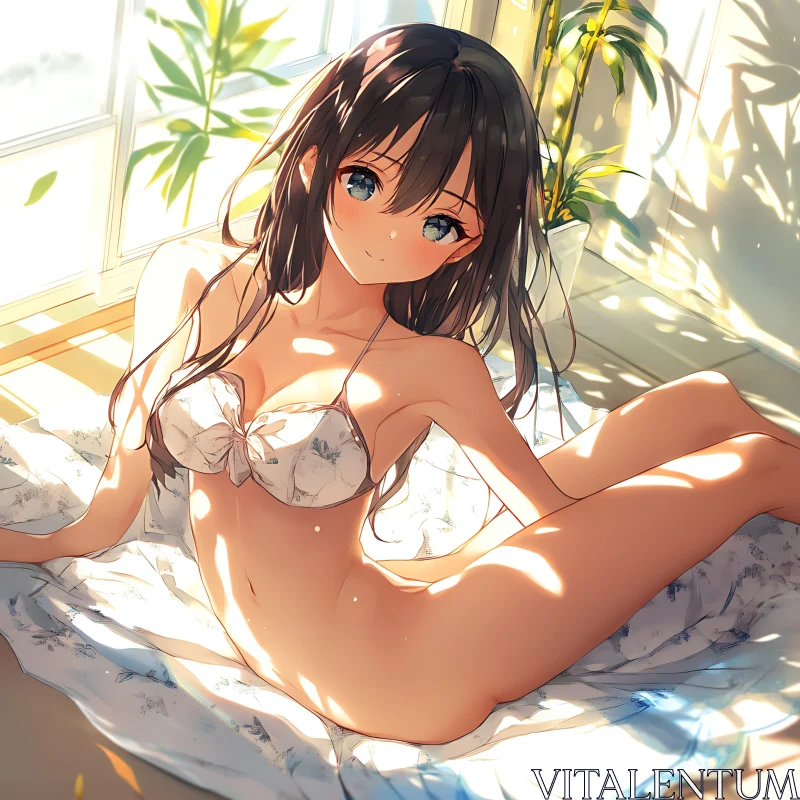 Sunlit Serenity: Anime Girl Relaxing Indoors in Floral Bikini AI Image