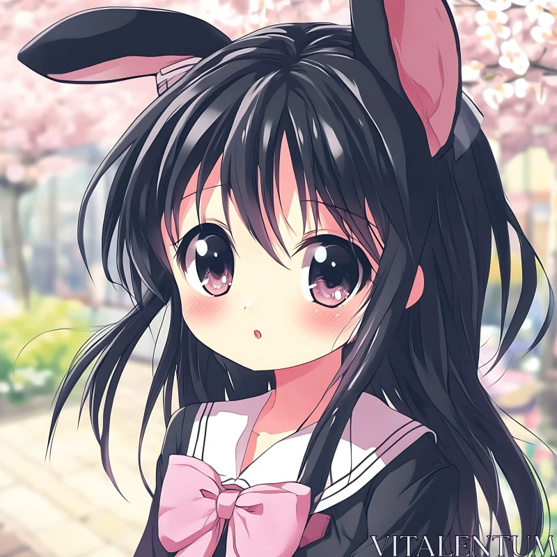 Schoolgirl Anime Character with Cherry Blossoms AI Image