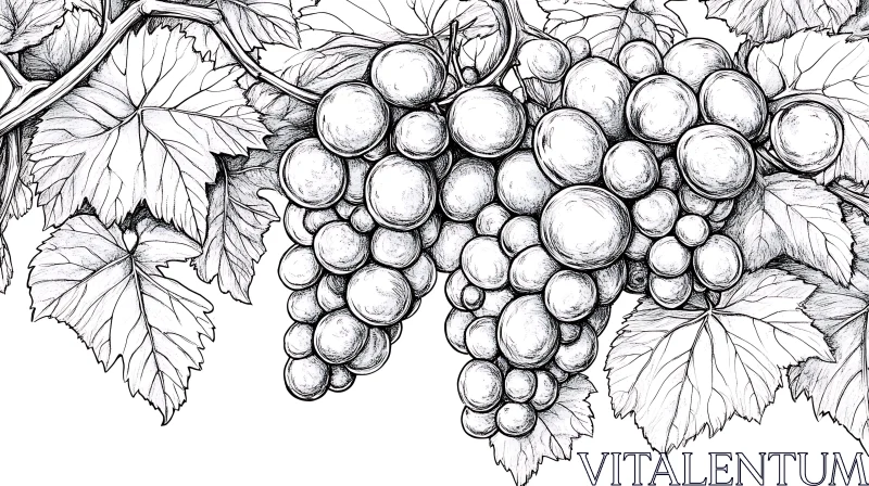 Detailed Grapevine Sketch in Black and White AI Image