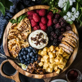 Assorted Fruits and Pastries on Wooden Plate