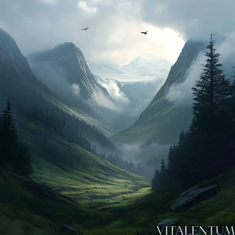 AI ART Green Mountain Valley with Fog