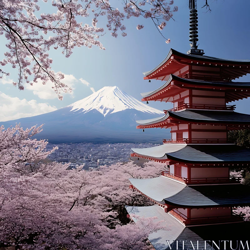 AI ART Pagoda with Cherry Blossoms and Mountain