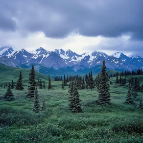 Snowy Peaks and Green Field Landscape