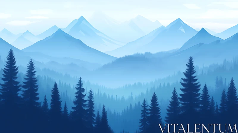 AI ART Misty Blue Mountains and Evergreen Forest