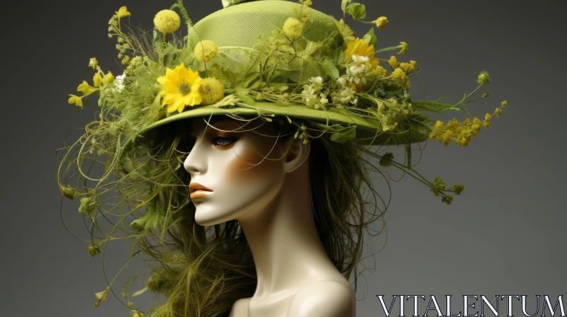 Striking Fashion Photography: Mannequin in Green Hat with Flowers AI Image