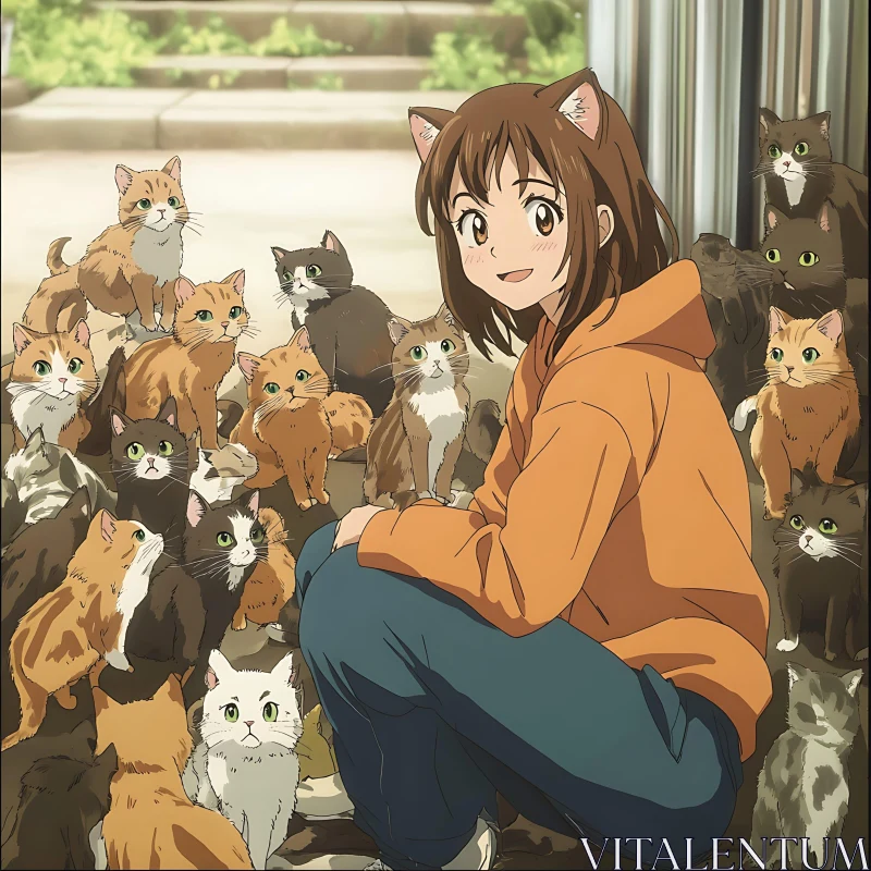 AI ART Cute Anime Girl and Cats Gathering