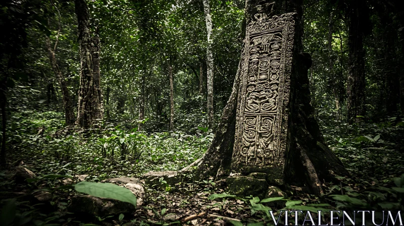 Ancient Stone Carving in Tropical Forest AI Image