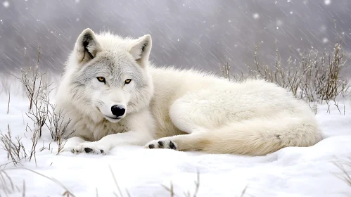 Arctic Wolf Resting in Winter Wonderland