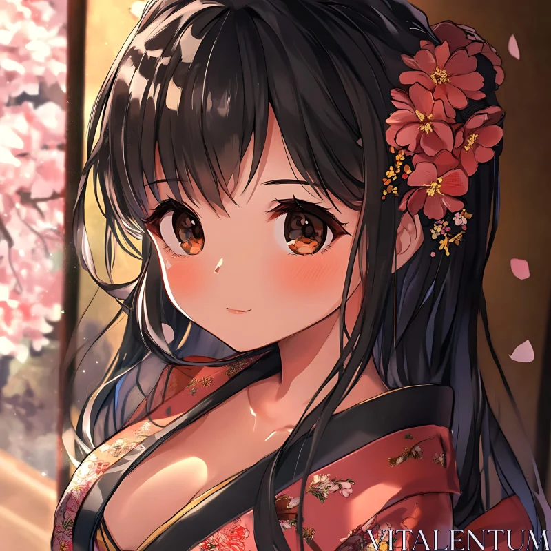 Anime Portrait with Cherry Blossom and Kimono AI Image