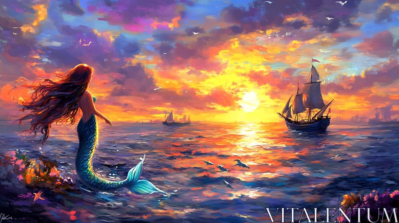 Oceanic Mermaid and Sunset Voyage AI Image