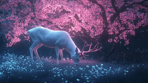 Enchanted Night: White Deer Among Blossoms