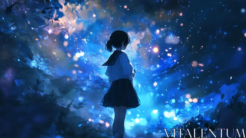 Ethereal Girl in a Starry Night Anime Artwork AI Image