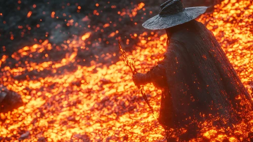 Magical Figure Amidst Lava Field