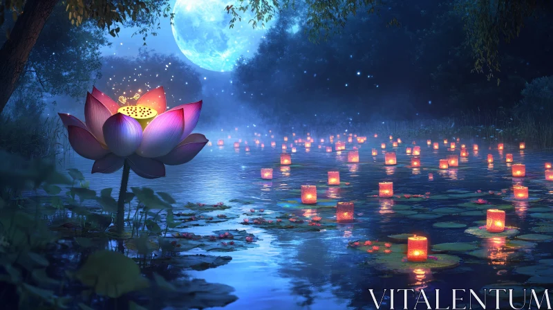 Serene Night on a Lotus Pond with Moonlit Lanterns AI Image