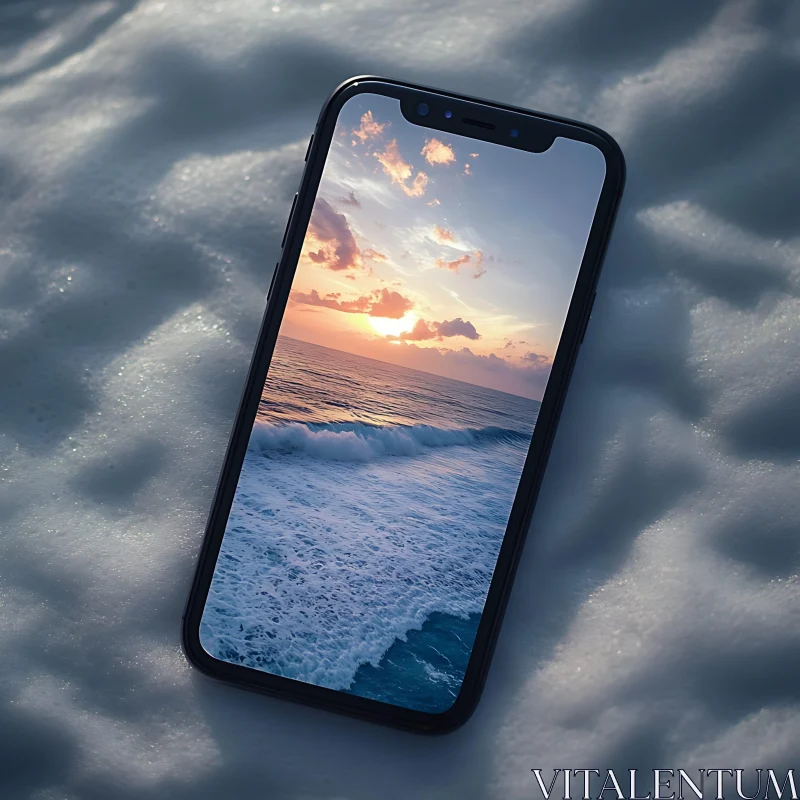 Smartphone displaying ocean sunset AI Image