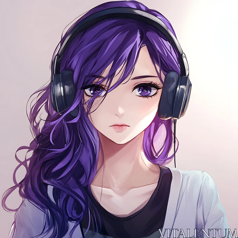 Digital Art of Anime Girl with Headphones AI Image