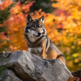 Wolf Portrait with Fall Foliage