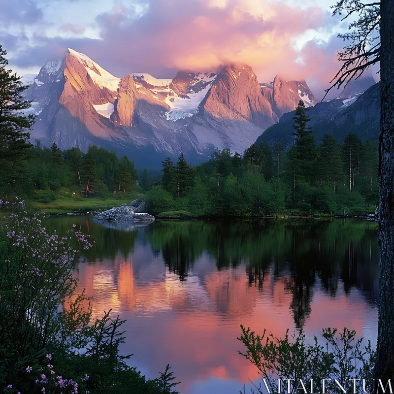 Tranquil Mountain Lake with Pink Sky AI Image