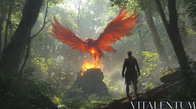 Man and Phoenix in Forest AI Image