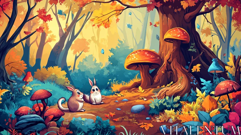 AI ART Cartoon Forest with Rabbits and Fungi