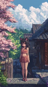 Anime Girl Amidst Cherry Blossoms in Pixel Art