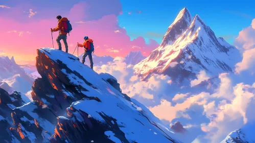 Climbers on a Mountain Peak at Sunset