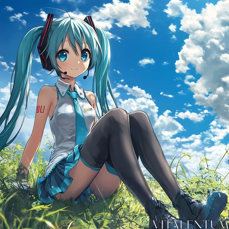 Anime Girl in a Green Field with Clouds AI Image