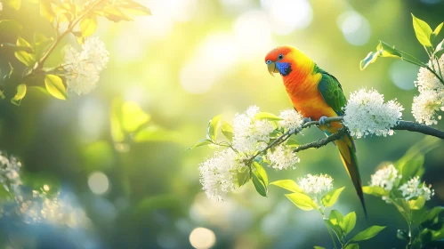 Colorful Parrot Amidst Sunlit Blossoms