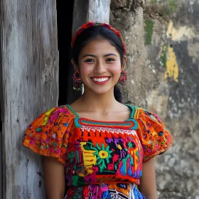 Smiling Woman in Colorful Embroidered Dress