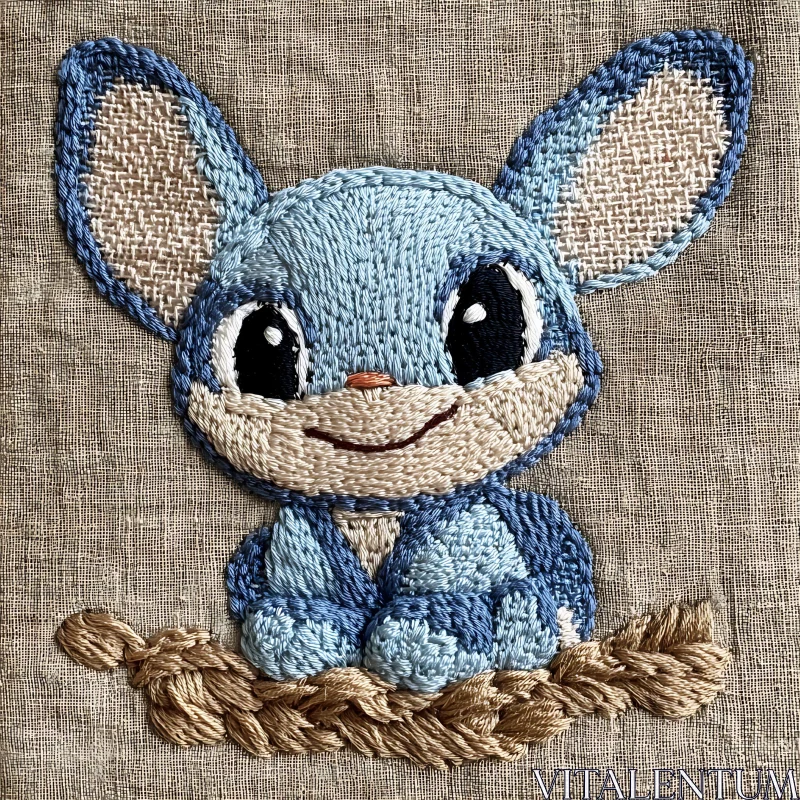 AI ART Blue Bunny Embroidery on Linen Canvas