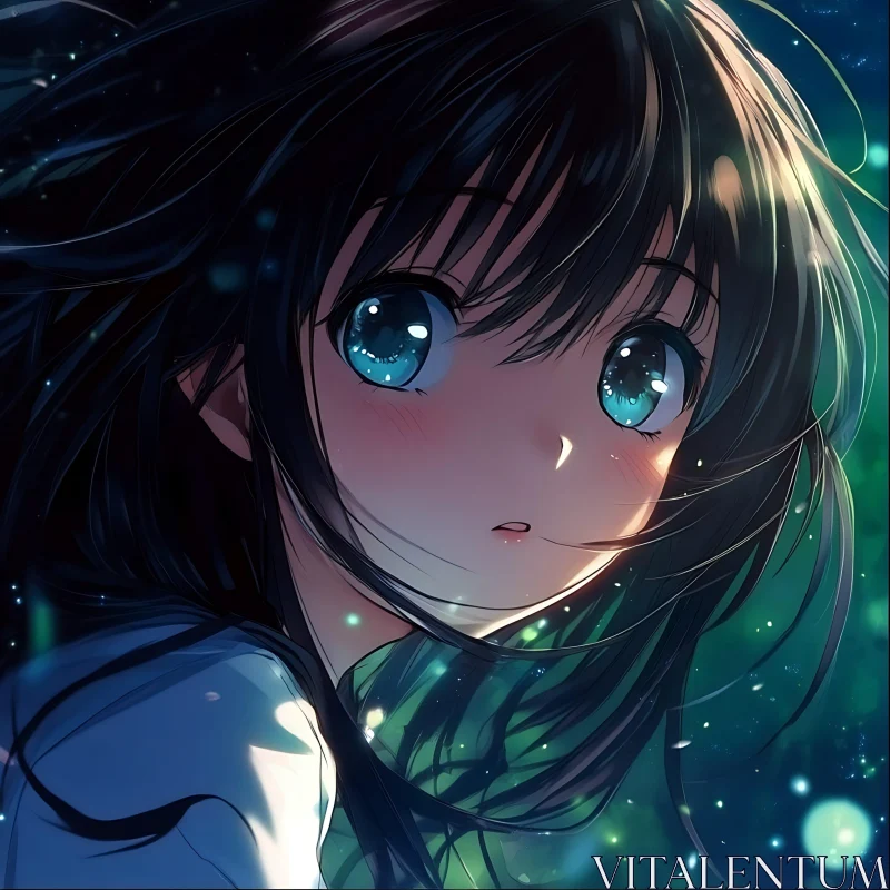 Starry Night Anime Portrait - Blue-Eyed Girl AI Image